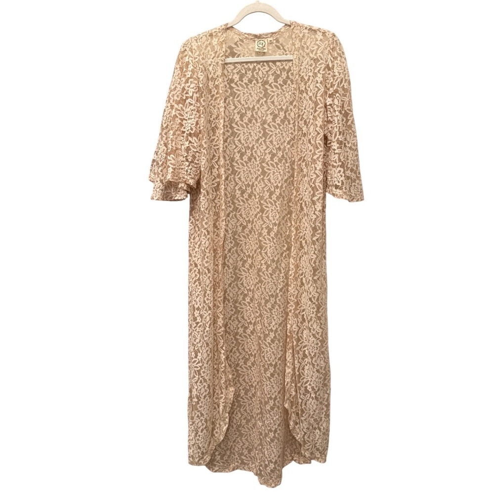 Grace & Emma Beige Lace Duster Cardigan Boho Kimono Open Front Lace Cover Up S/M
